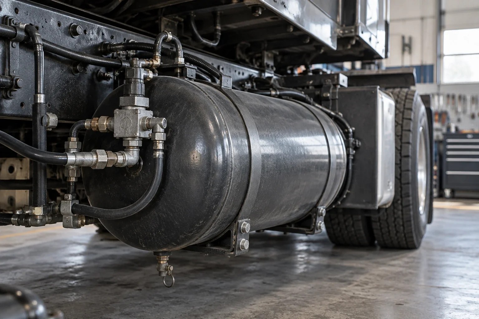 AI-generated representative illustration of a heavy-truck pneumatic air reservoir with physically credible valves, fittings and hoses.