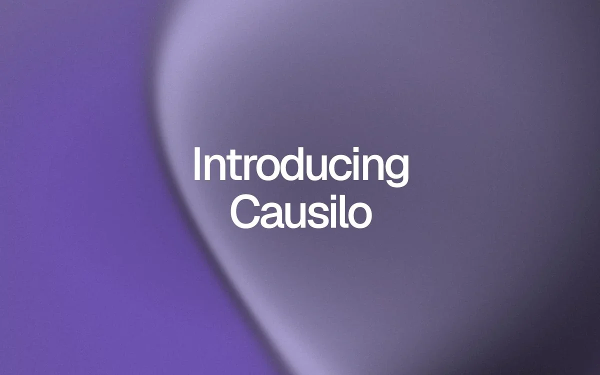 A flowing iris, graphite and lavender mesh gradient with the words Introducing Causilo in white.